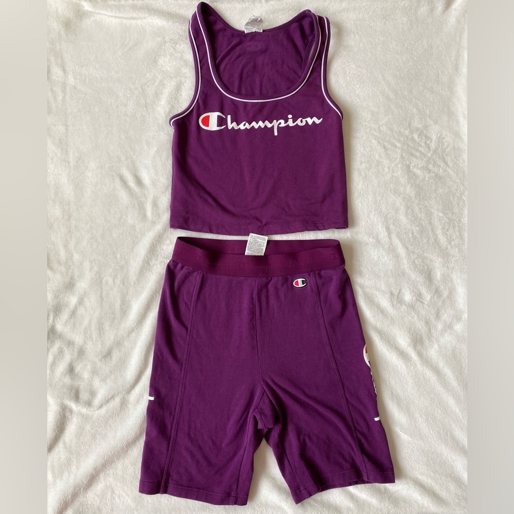 Women’s champion purple biker shorts & crop tank top set